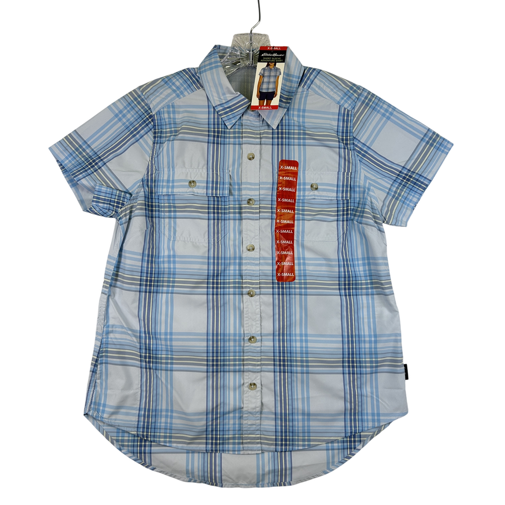 Eddie Bauer Shirt Womens XS Blue Short Sleeve Adventure Plaid Outdoor UPF 50